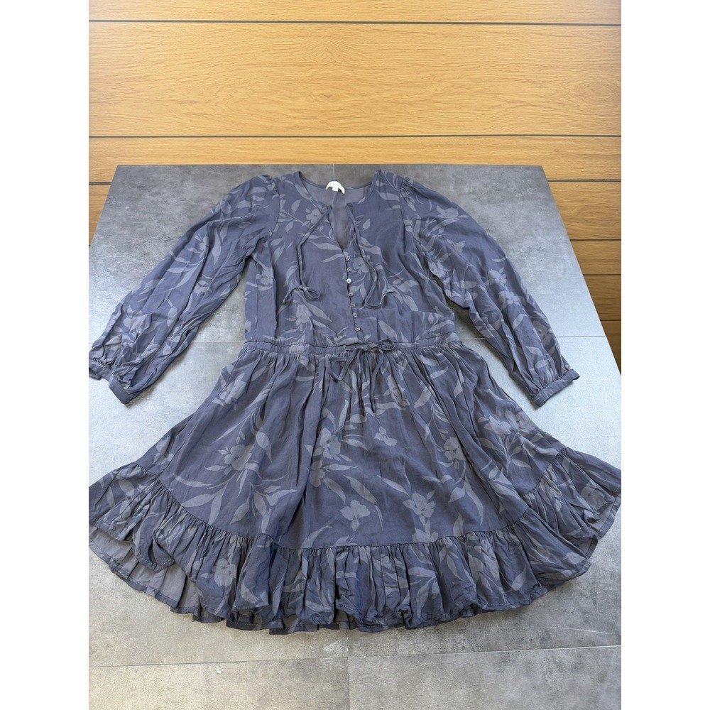 Z Supply Women's Grey Floral Midi Boho Ruffle Hem 3/4 Sleeve Dress Size XS